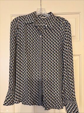 Max Studio Geometric Zip-Front Button-Down Shirt - Black, Blue & Cream